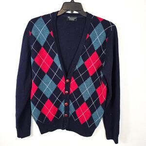 Hawick Knitwear Lambswool Argyle Cardigan Men's M Navy Red Classic Festive Wear